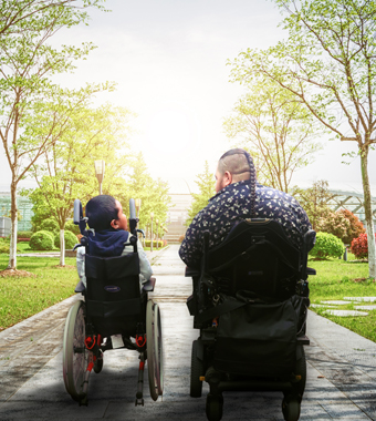 Young boy and a male adult on their wheelchairs on a pathway towards a promised vision surrounded by green pastures
